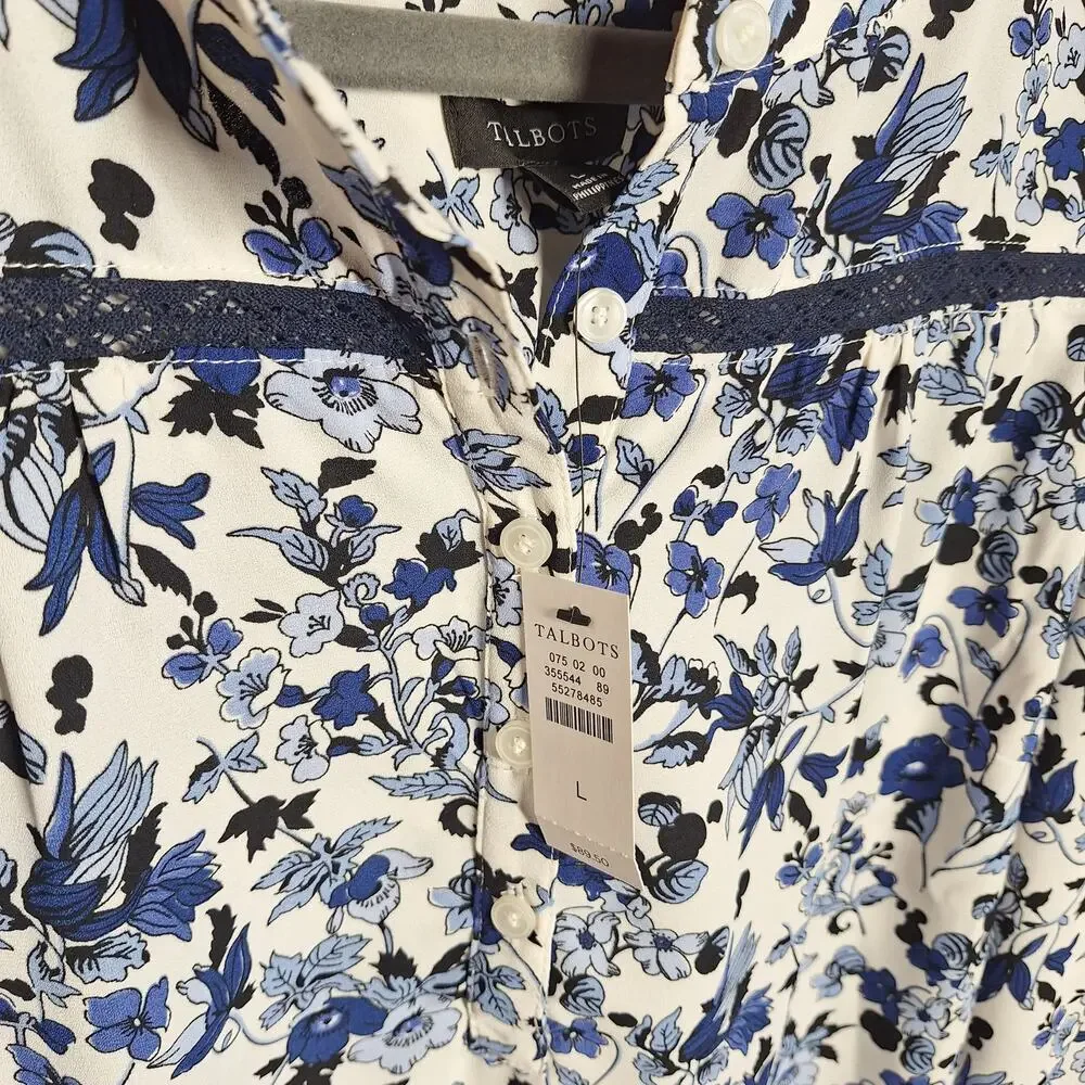 Talbots NEW floral blue puppy flower print peasant style button blouse L boho